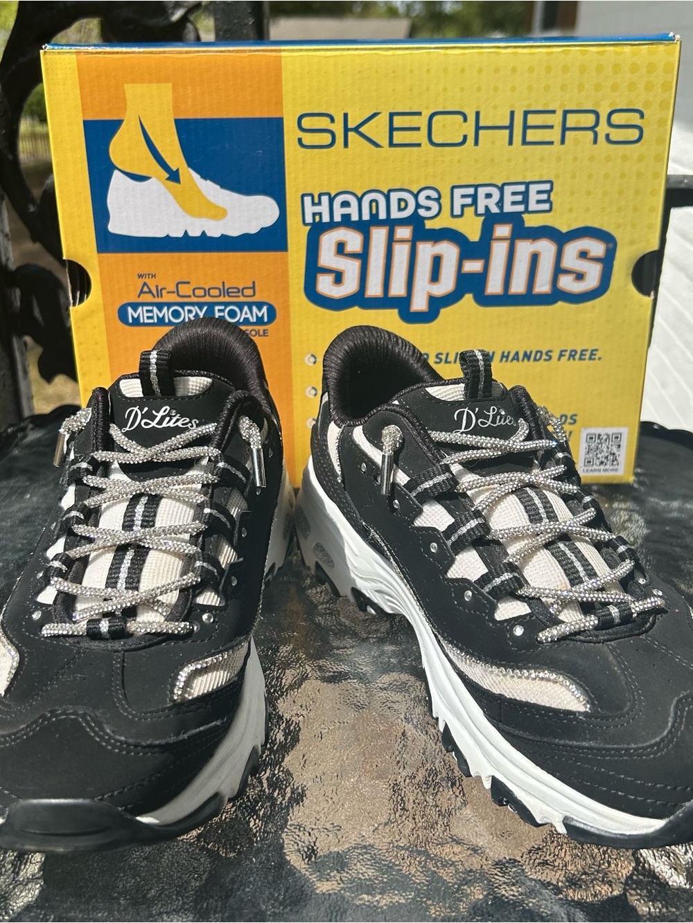 Skechers Sparkly Chunky D'Lites Women’s Black and White Slip-On Sneakers